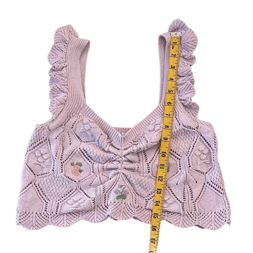 ZARA Pink‎ Embroidered Coquette Cottagecore Pointelle Knit Crop Top Ruffles - M - Picture 10 of 11